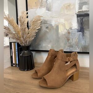 Tan Peep-Toe Block Heels